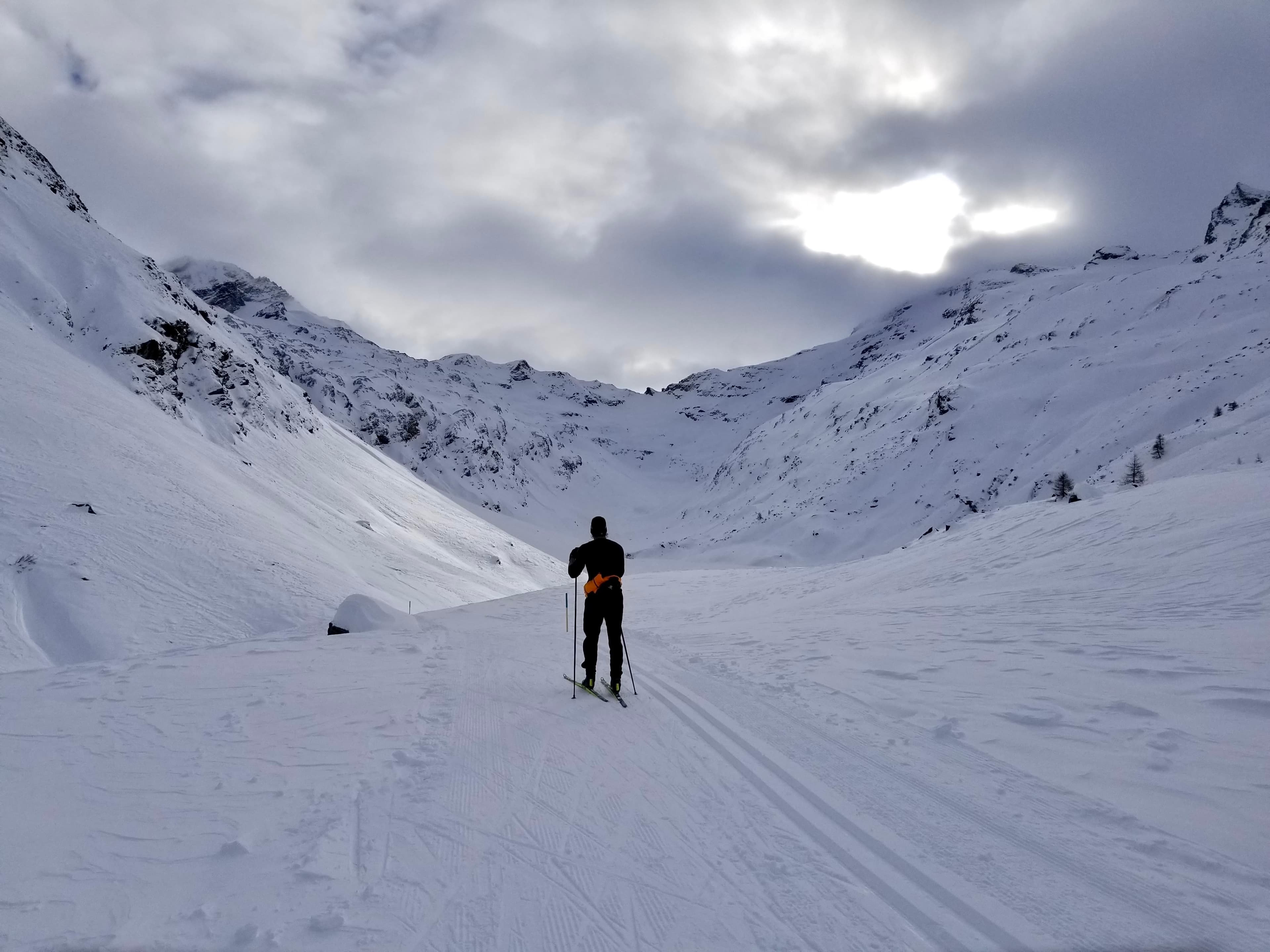 Nordic skiing in Val Fex Switzerland.